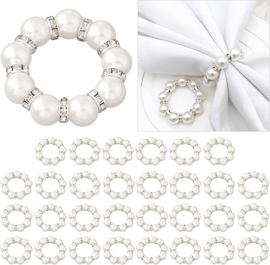 30Pcs Pearl Napkin Rings, Round Napkin Buckles Wedding Beaded White Napkin Rings Silver Napkin Ring Holder for Formal Dinner Reception Party Banquet Table Decor (Sliver)