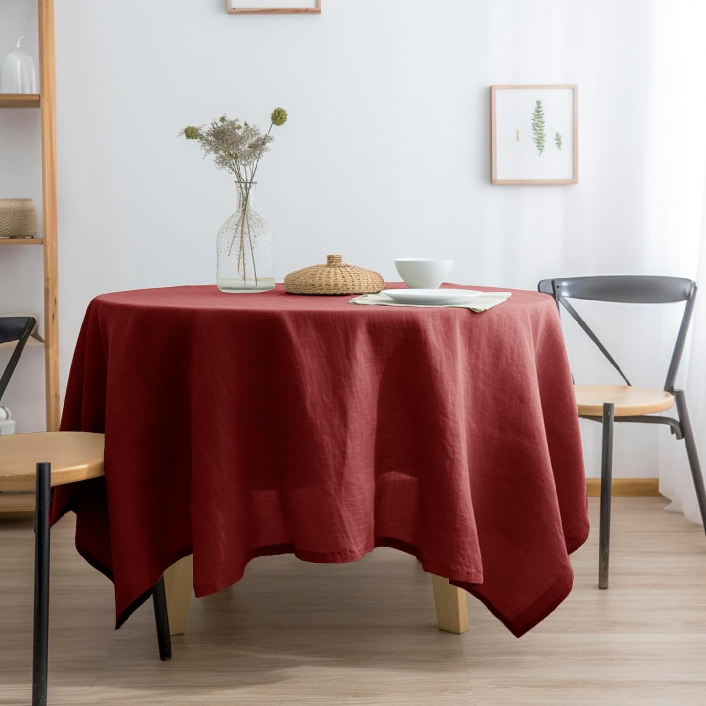 EVERLY 100% Pure Linen Round Tablecloths 108Inch Round Machine Washable Tablecloth for Thanksgiving,Decorative Halloween,Buffet Parties,Picnic,Events,Weddings and Restaurants-Christmas Red