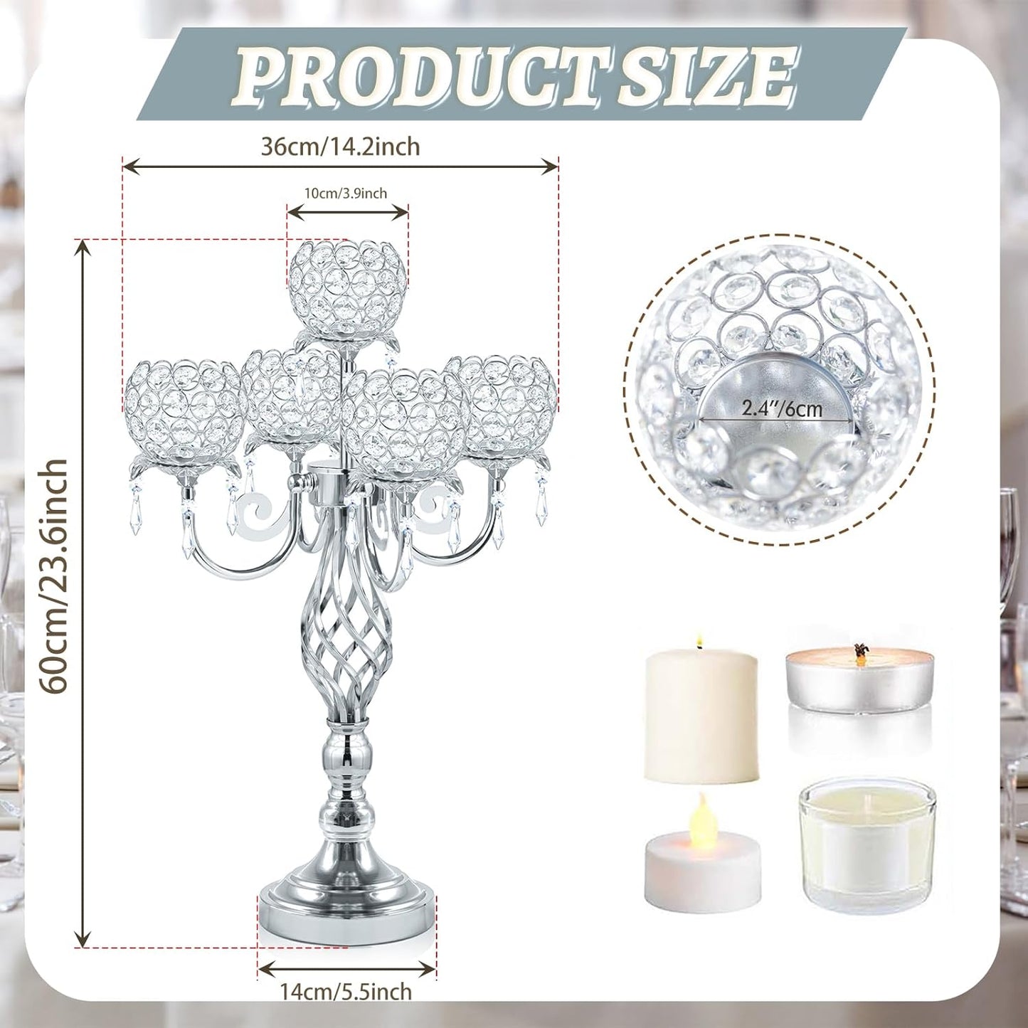 5-Arm Crystal Candelabra Centerpiece 23.2" Tall - Elegant Candle Holder Stand with Crystal Bowl, Chic Table Decor for Weddings, Parties, Anniversary & Home Decoration (4, Silver)