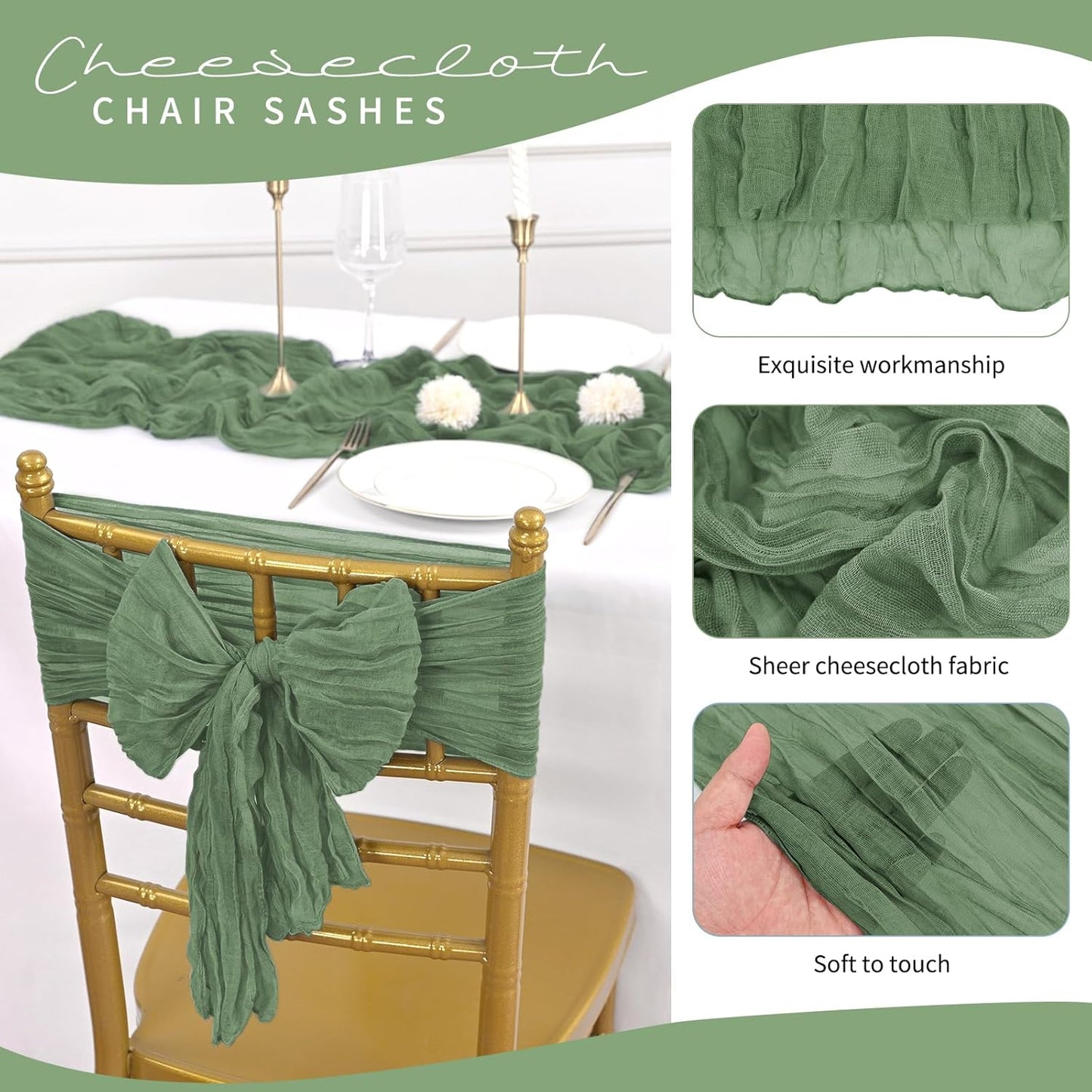 50 PCS Cheesecloth Chair Sashes, Bows Designed ChairSashes, 15.7x70 inch Chair Sashes for Aisle Decorations Universal Chairs Cover Decoration for Wedding Reception Party Banquet (Sage Green)
