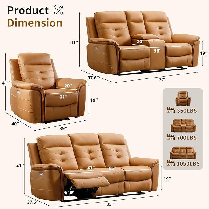 ANJ Power Oversized Reclining Sofa Couch, Breathable Faux Leather 3-Seater - Image 2