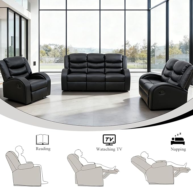 3-Piece Couch Living Room Furniture Sets, Sectional Recliner Sofa Set, Leather - Image 4