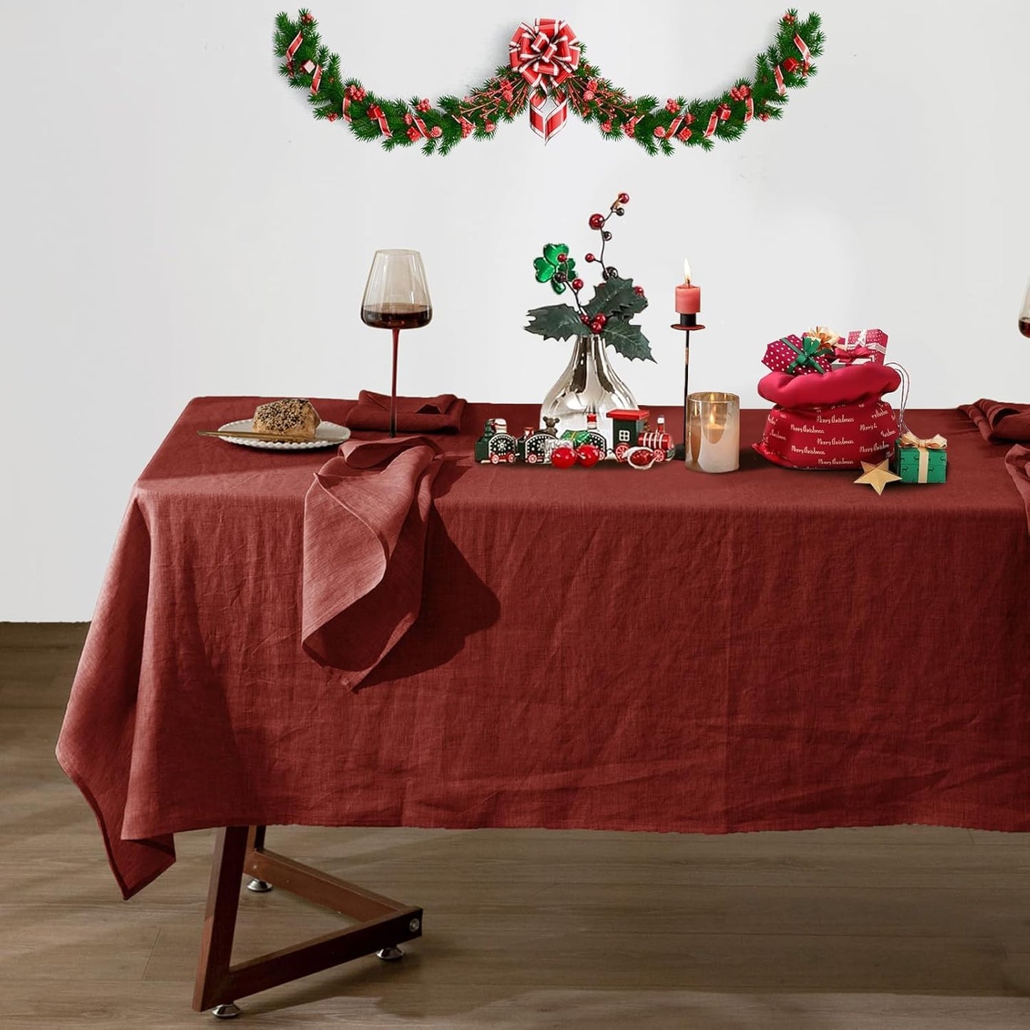 Talasily Linen Tablecloth 100% Pure Linen Table Cloth 60x120 Inches Rectangle Tablecloths Washable Cloths for Kitchen, Dining, Buffet Parties, Holidays, Picnic, Weddings and Restaurants-Christmas Red