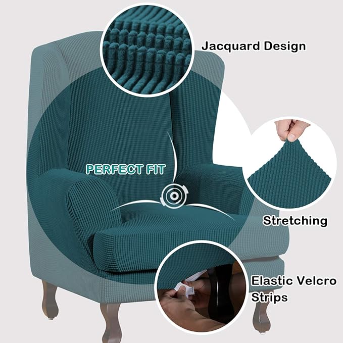 Turquoize Wingback Chair Covers 2 Piece Wing Chair Slipcover Stretch Slipcovers - Image 3