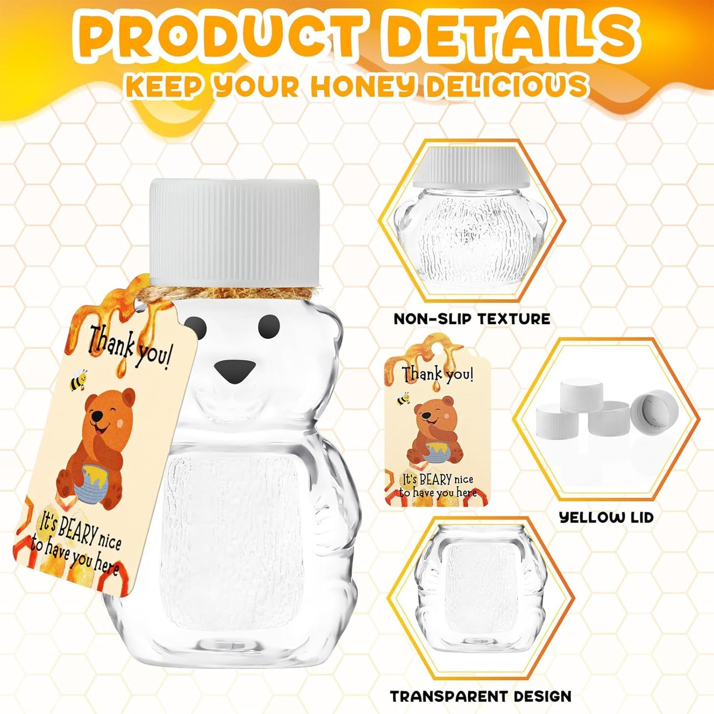 96 Sets 2 oz Plastic Honey Bear Bottle Bear Shape Clear Empty Honey Jar 96 Tags 2 Rolls Jute Rope Honey Containers Empty Honey Dispenser for Baby Shower Party Favors Gifts (White Lid)