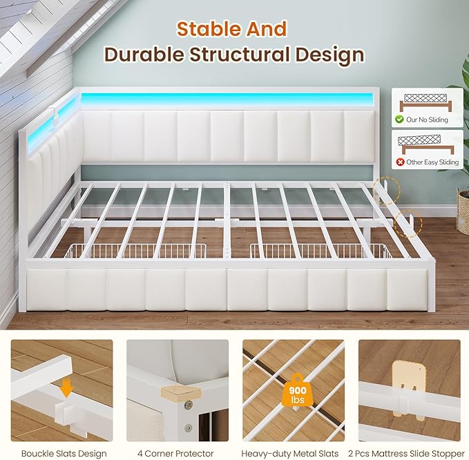 DICTAC Corner Bed Frame with 2 Storage Drawers and Charging Station Full Size - Image 8