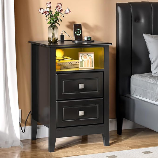 Bonnlo Led Nightstand with Charging Station, Night Stand Black Bedside Table by Bonnlo