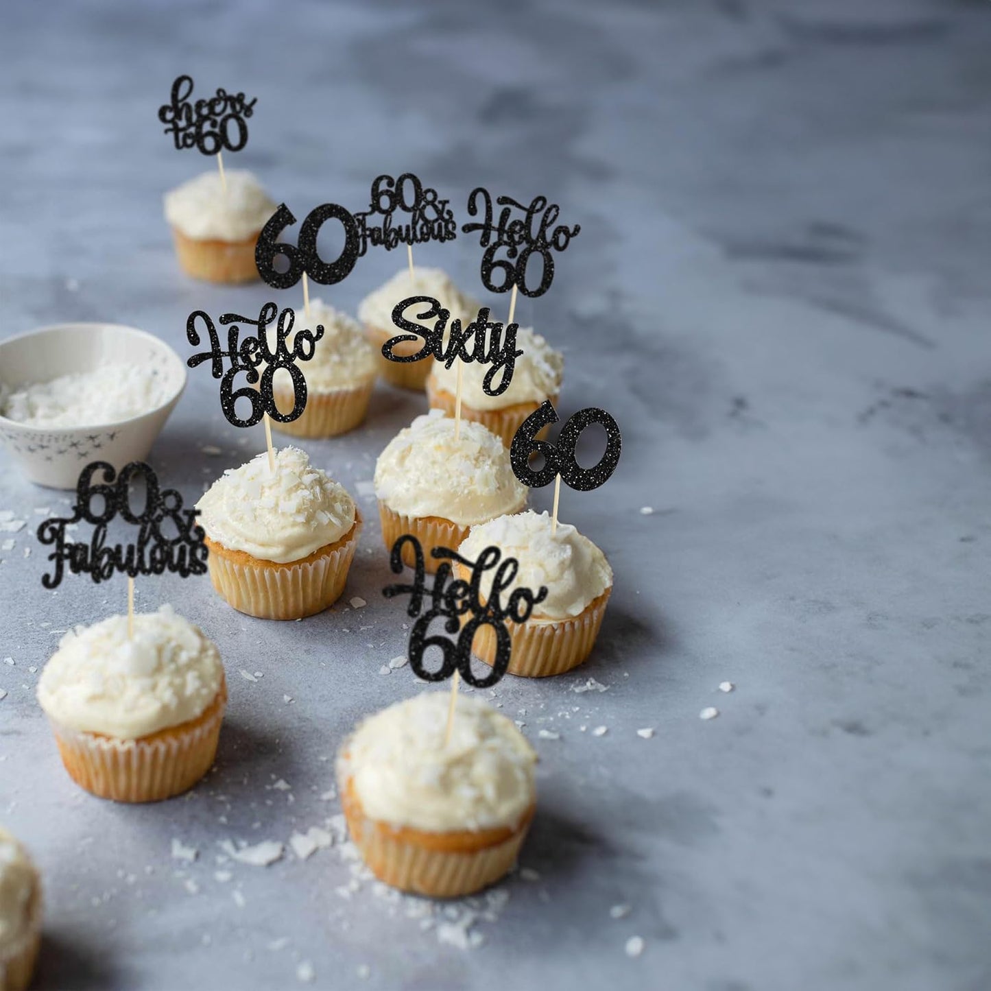 30Pcs Happy 60th Birthday Cupcake Toppers Black Glitter Sixty Cake Toppers Cheers to 60 Years Old Birthday Cupcake Picks for 60th Birthday Anniversary Party Cake Decorations Supplies