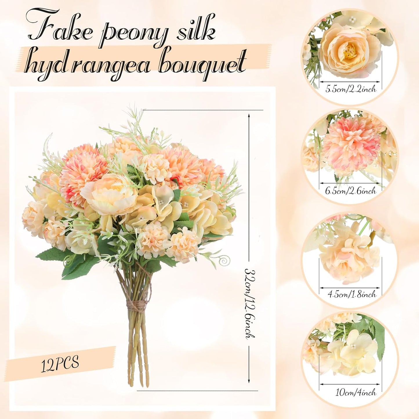 Tigeen Artificial Flowers Artificial Peonies Silk Flowers Faux Peony Fake Peony Silk Hydrangea Bouquet for Wedding Table Centerpiece Floral Vase Decor(Orange,12 Bundles)