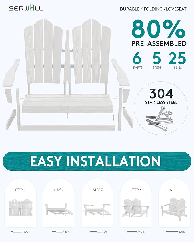 SERWALL Folding Adirondack Bench, HDPE All-Weather Adirondack Loveseat - Image 4