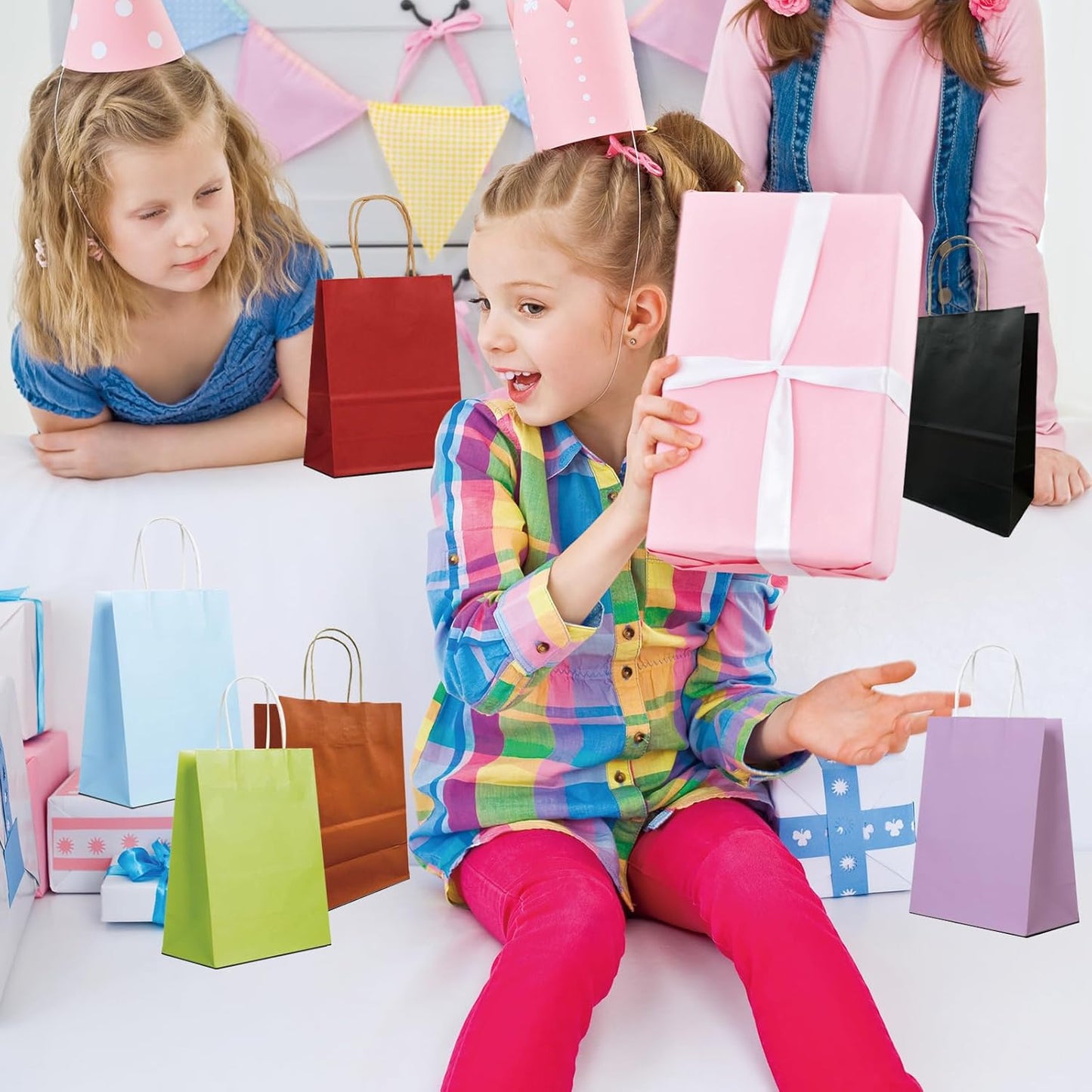 BAG BOX 50 Pack Small 5.9x3.1x8.25 Inch Green Kraft Paper Gift Bags with Handles for Bulk Shopping, Retail, Craft, Party Favors, Wedding, Grocery & Sacks