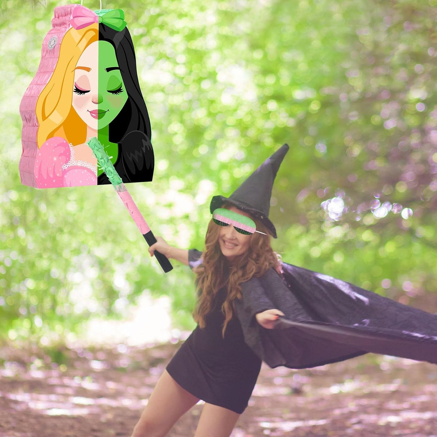 Kasyat Witch Princess Piñata Party Game Set Halloween Witch Piñata with Bat Stick Blindfold Pink Green and Black Party Decor for Halloween Birthday Baby Shower Game Supplies Decor (Movie)