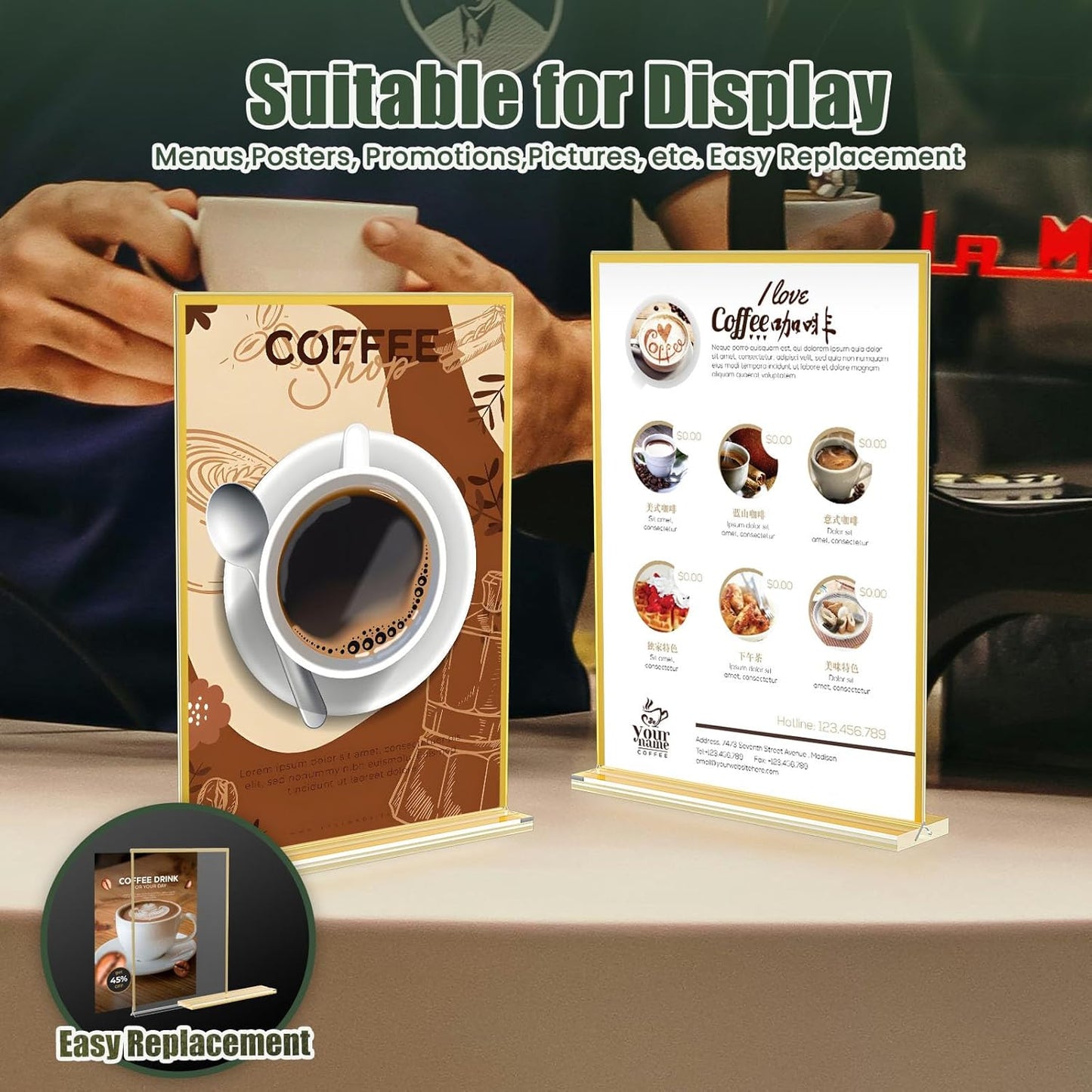 Acrylic Sign Holder 8.5 x 11,9 Pack Clear Sign Holder Double Sided Gold Table Menu Vertical Desktop Display Stand Paper Flyer Holder Tabletop Sign Holder Suitable for Restaurants, Office, Store,Hotels