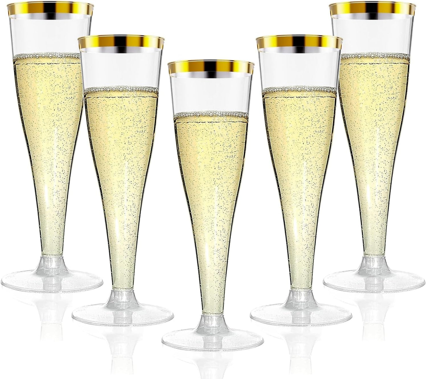 100 Pack Champagne Flutes Plastic Wine Glasses Disposable, 4.5 Oz Gold Rim Mimosa Glasses for 2025 Engagement Wedding Birthday New Years Eve Xmas Party Supplies, Bulk Toasting Cocktail Cups
