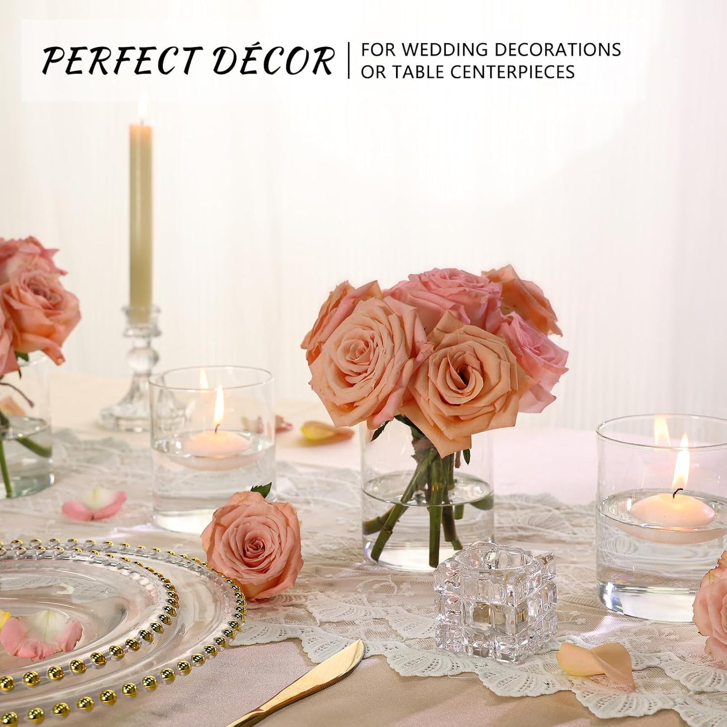 Glass Cylinder Vase Set of 6 for Centerpieces, 5 Inch Short Clear Flower Vases Bulk, Glass Hurricane Candle Holder for Table, Floating Candle Vases for Wedding Home Décor