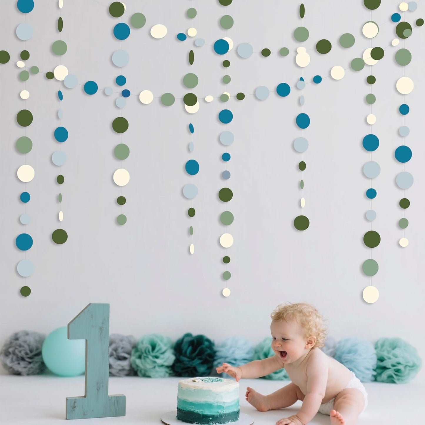 Sage Green and Dusty Blue Party Decorations Polka Dots Garlands Hanging Paper Circle Dots Streamer for Men Boy Birthday Baby Shower Wedding Engagement Retirement Silly Goose Party Decorations Supplies
