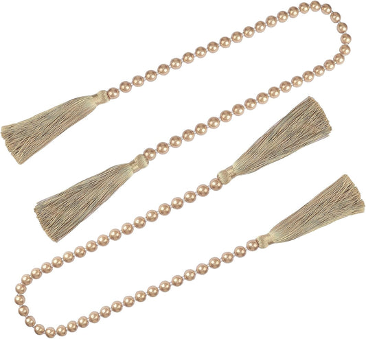 Fenghuangwu 34 Inch Pearl Glass Bead Garland with Tassels - Elegant Boho Table Decor, Fringe Wall Hanging for Wedding, Party, Farmhouse Rustic Prayer Bead Home Decoration(2 Pack,Champagne Gold)