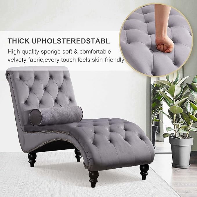 Chaise Lounge Indoor, Velvet Upholstered Lounge Chair Button-Tufted Armless - Image 3