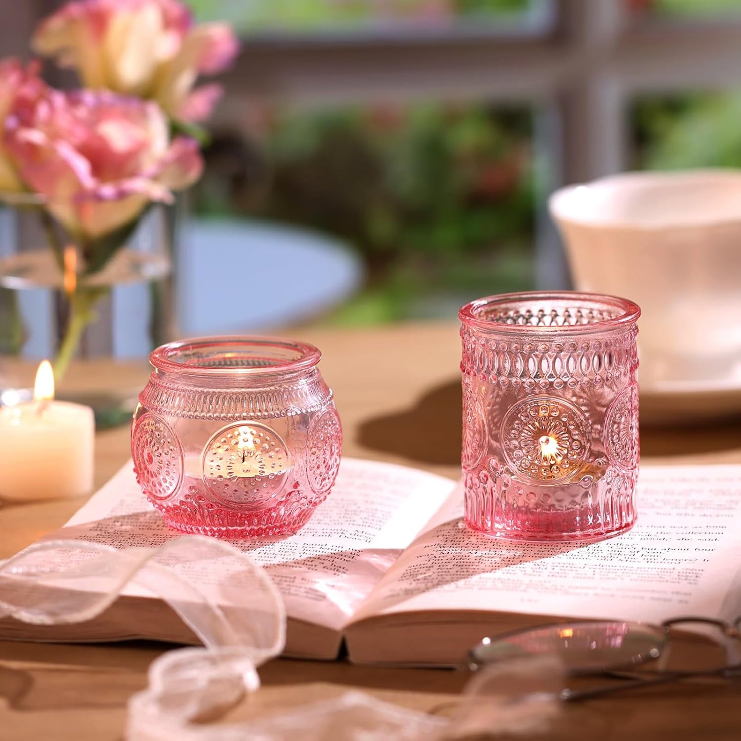 DARJEN 24Pcs Pink Votive Candle Holders- Glass Candle Holders Bulk for Flameless LED Tea Waxes, Romantic Candle Holder for Wedding Decor, Various Parties & Dinner Table