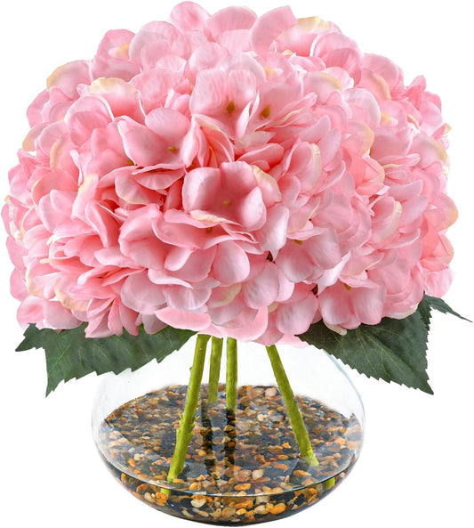 N&T NIETING Artificial Hydrangea Flowers with Vase Pink Silk Fake Flowers Faux Hydrangea Flowers with Faux Water Riverstones for Home Office Table Room Wedding Centerpiece Decorations
