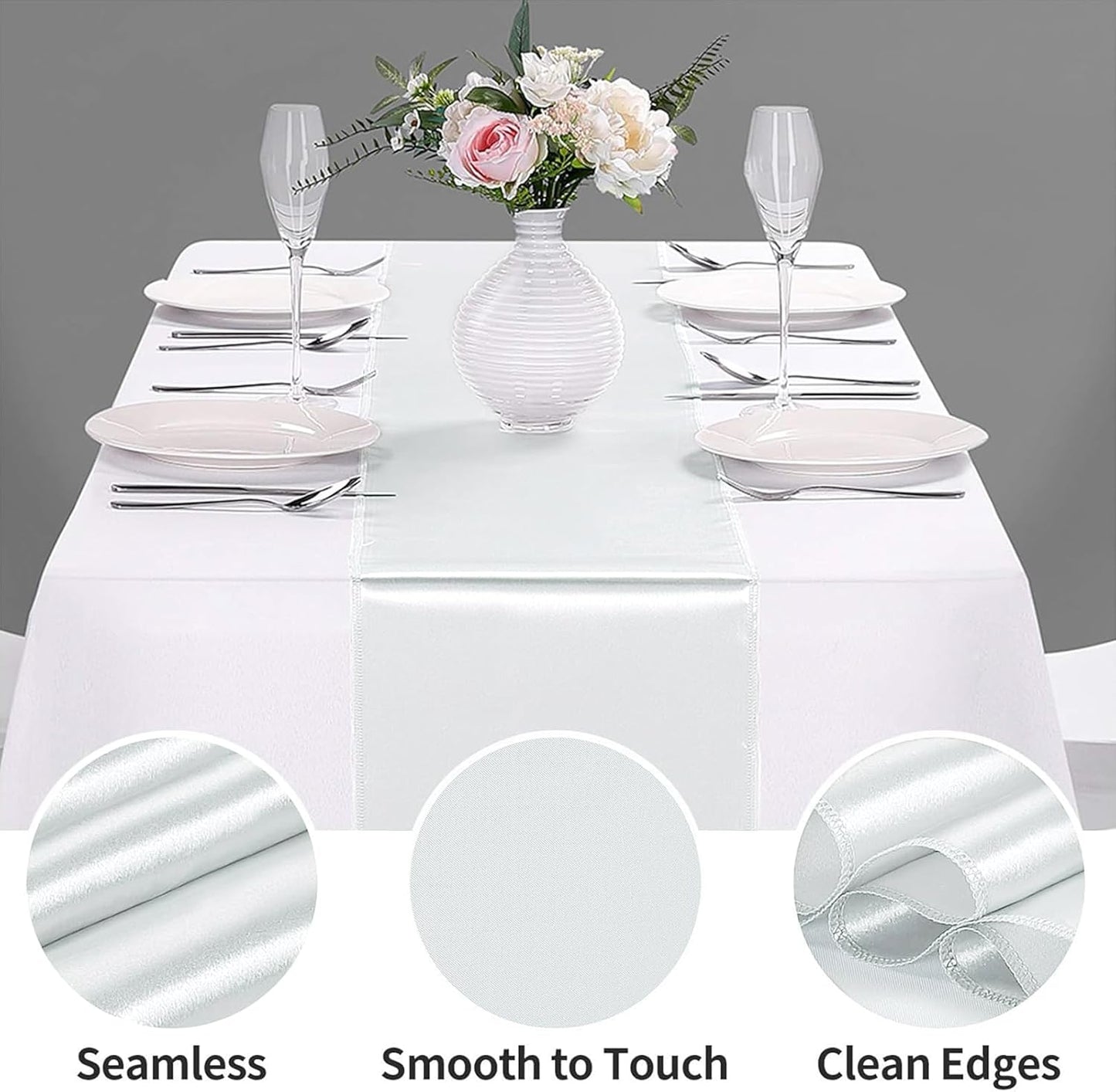 5-Pack Satin Table Runner Silver 12 x 108 inches Long, Table Runners for Wedding, Birthday Parties, Banquets Decorations（5 Pack, 12x108 Inch, Silver）