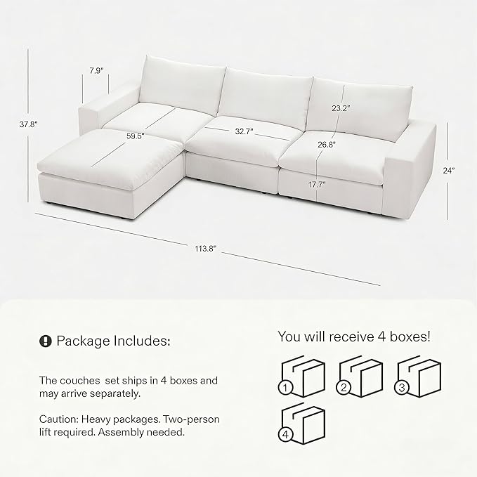 Cloud Couch Sectional 113.2'' Oversized Modular Deep Seat Sofa L Shaped Comfy - Image 2