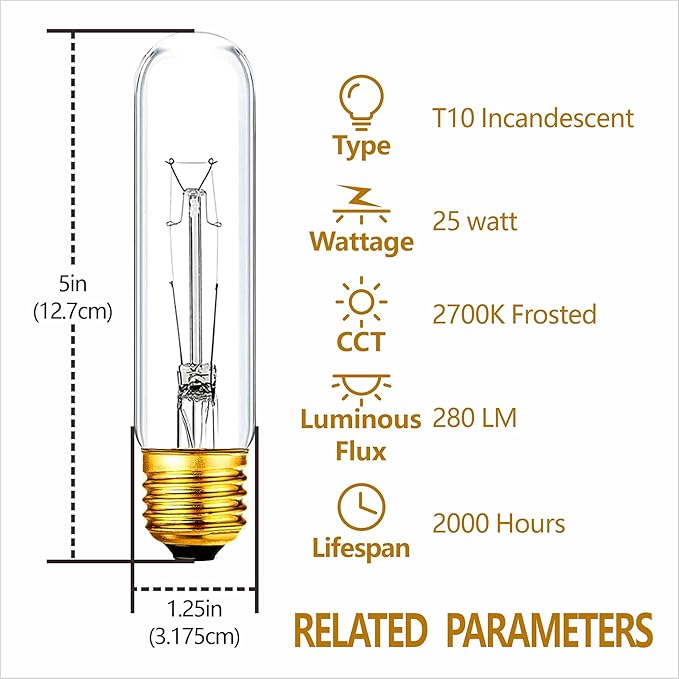 25 Watt T10 Clear Tubular Incandescent Light Bulb, T10 Bulb, Vintage Style - Image 3