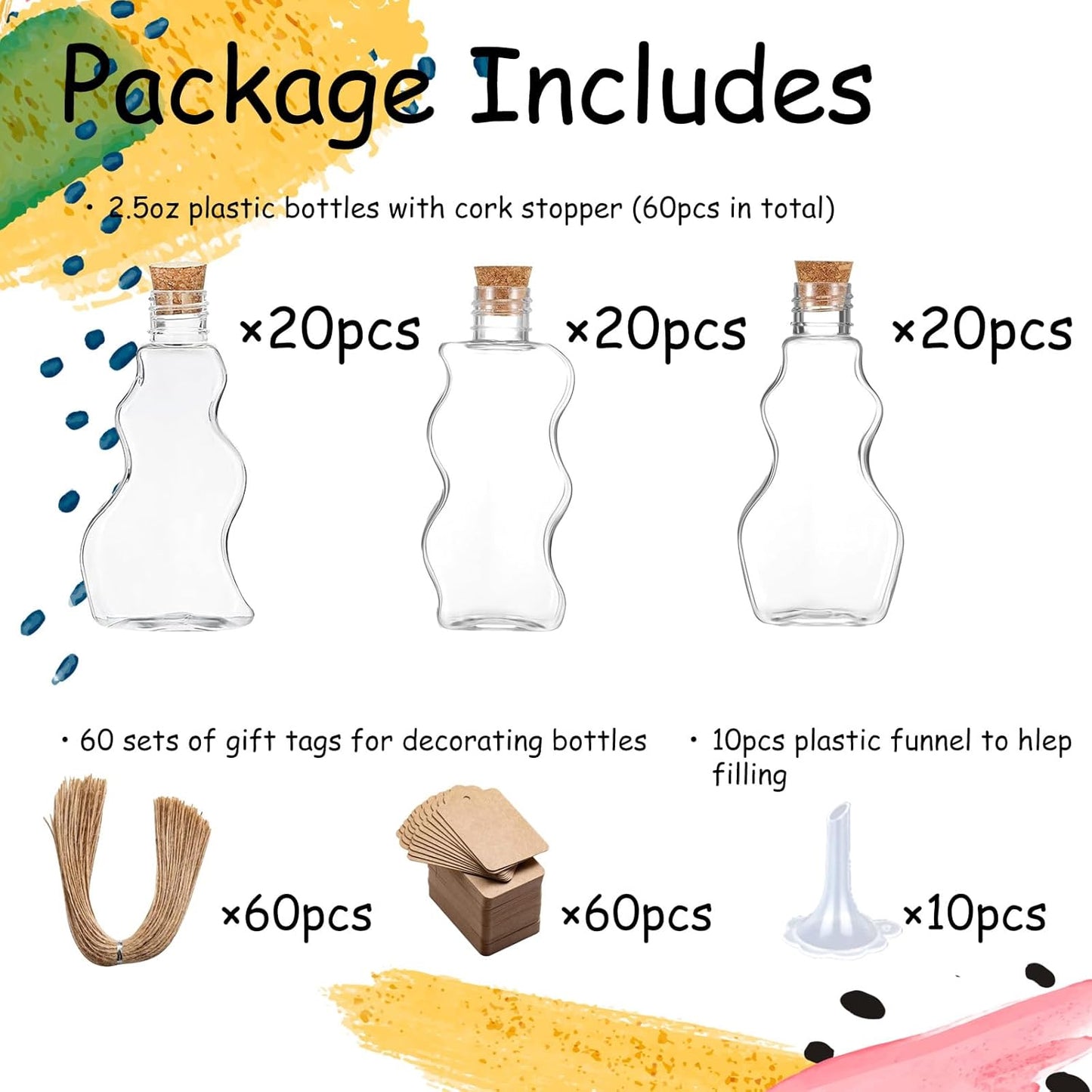 60 Pcs Plastic Sand Art Bottles with Corks and Funnels, 2.5 oz Clear Containers in 3 Styles for Wedding Invitations, Fun Crafts, DIY Projects, Party Decorations