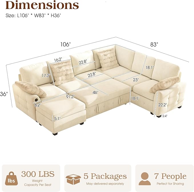 Ihanherry 106-inch Large L-Shaped Sectional Sofa Bed, 7-Seater Convertible Pull - Image 2