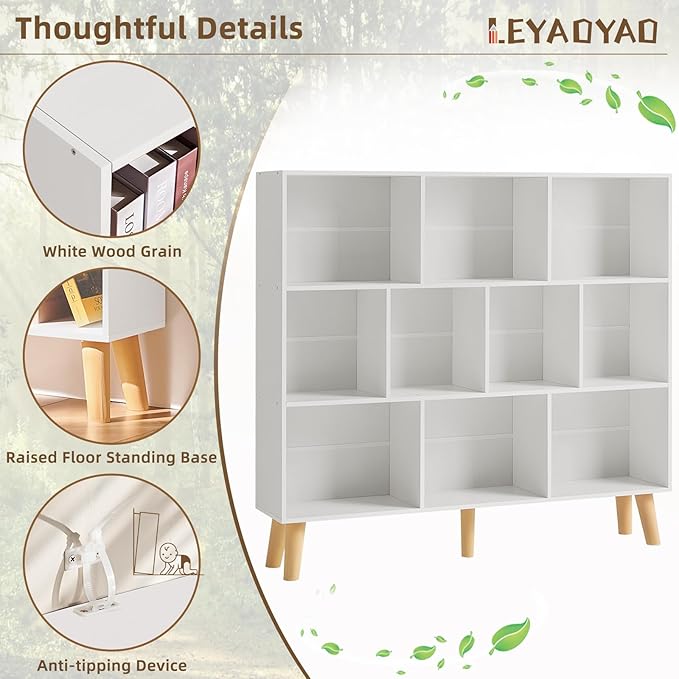 LEYAOYAO 10 Cube Bookshelf, 3 Tier Modern Wide Bookcase - Image 4