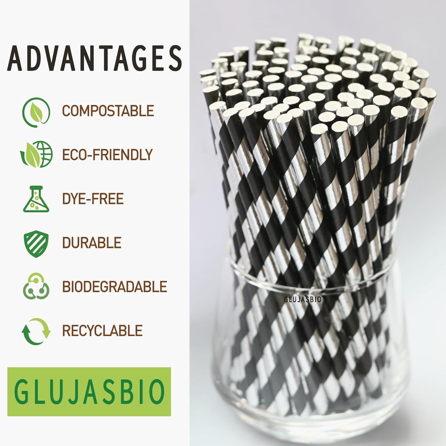 Cocktail Paper Straws - Black Silver Striped Biodegradable Disposable Drinking Straws for Brithday, Wedding, Holiday, Cake Pop Sticks - 5.75 inch