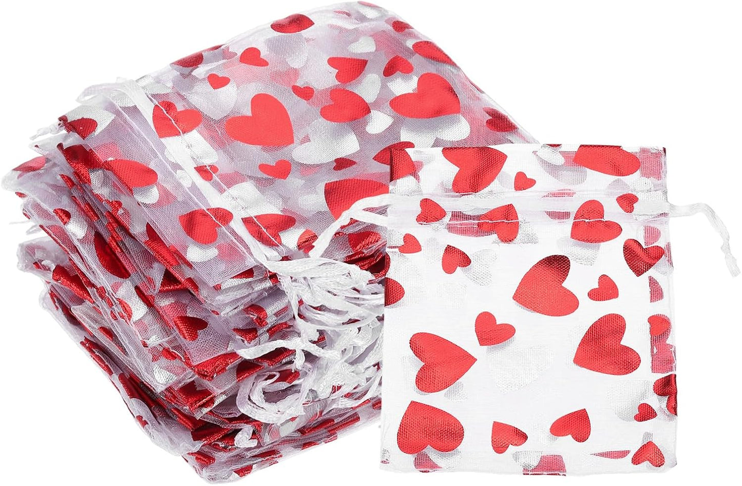 PATIKIL 50 Pcs 3x4 Inch Heart Printed Organza Bags, Red Sheer Heart Organza Bags with Drawstring for Festival Candy Jewelry Party Wedding Favor Gift