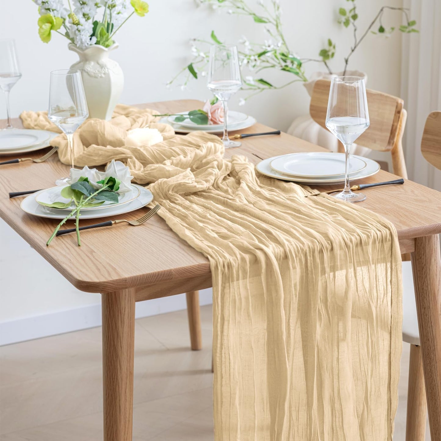 Asee'm 6pcs Cheesecloth Table Runner 120 Inches Long Sand Boho Gauze Cheese Cloth Runner 10FT Rustic Sheer Table Runners for Christmas Wedding Party Baby Shower Spring Easter Decoration