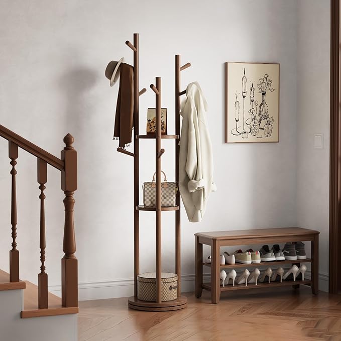 Muwuele Solid Wood Rotary Coat Rack, Freestanding Coat Rack - Image 9