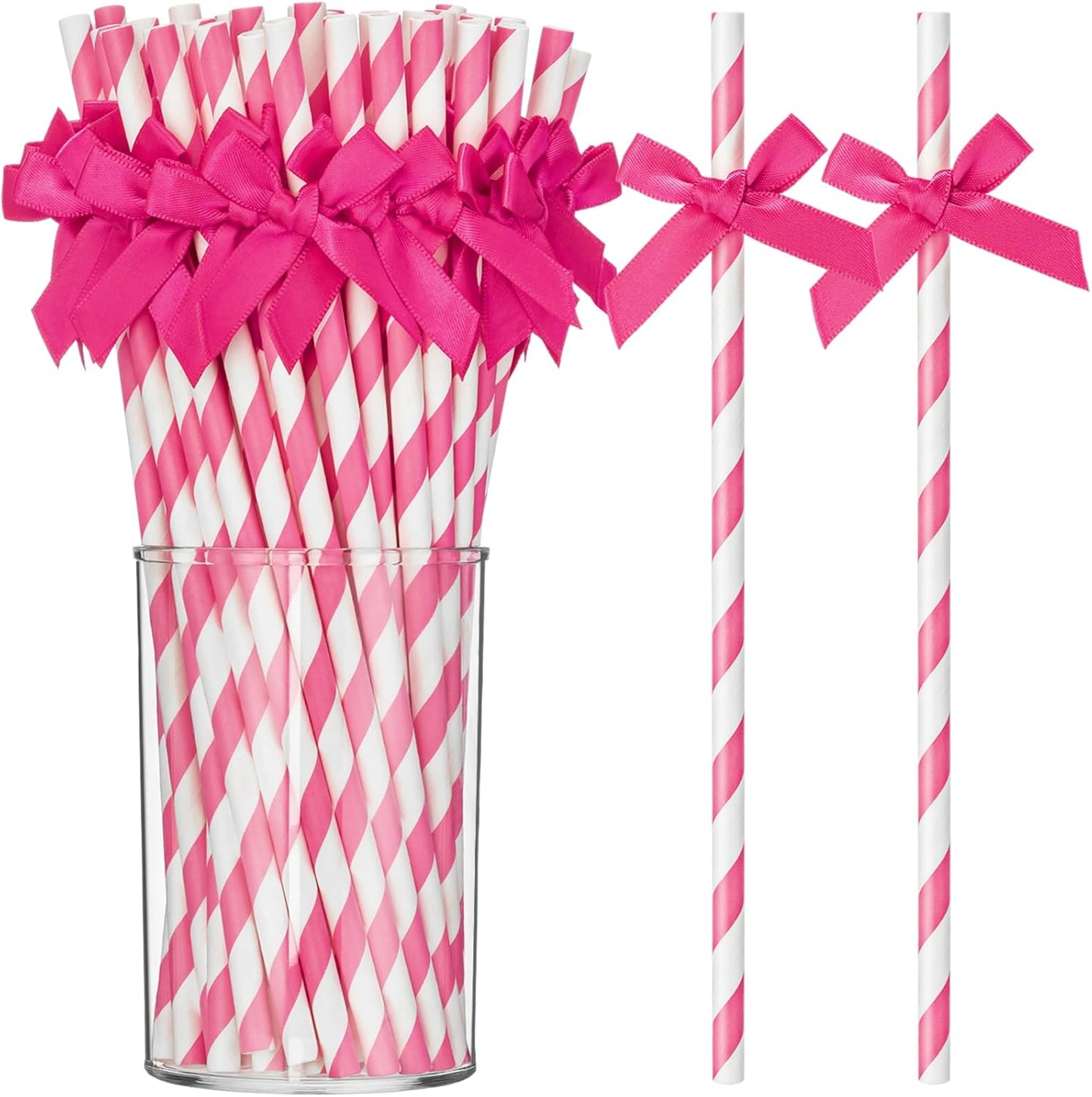 100 Pcs Rose Red Paper Straws for Drinking, Bow Disposable Striped Paper Straws Bulk Rose Red Theme Birthday Party Supplies for Wedding Cake Decorations Bachelorette Baby Shower