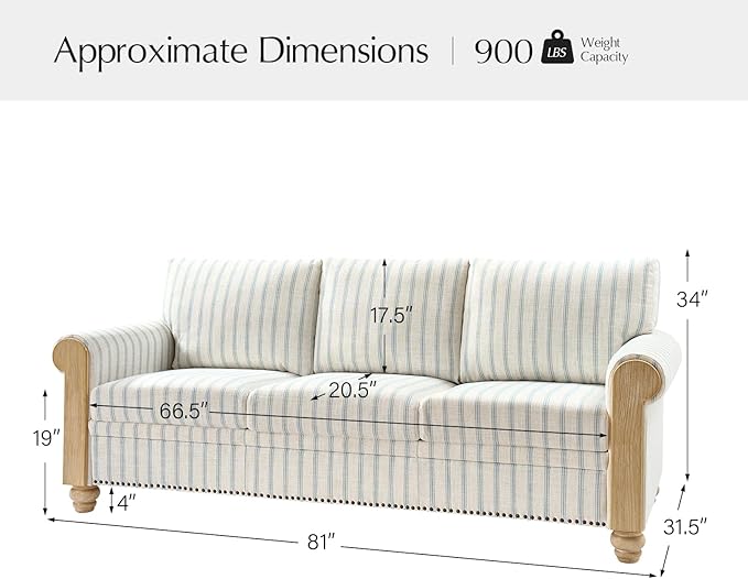 EcoHarbor Living 3-Seater Couch, Stripe 81" Mid-Century Modern Upholstered Sofa - Image 2