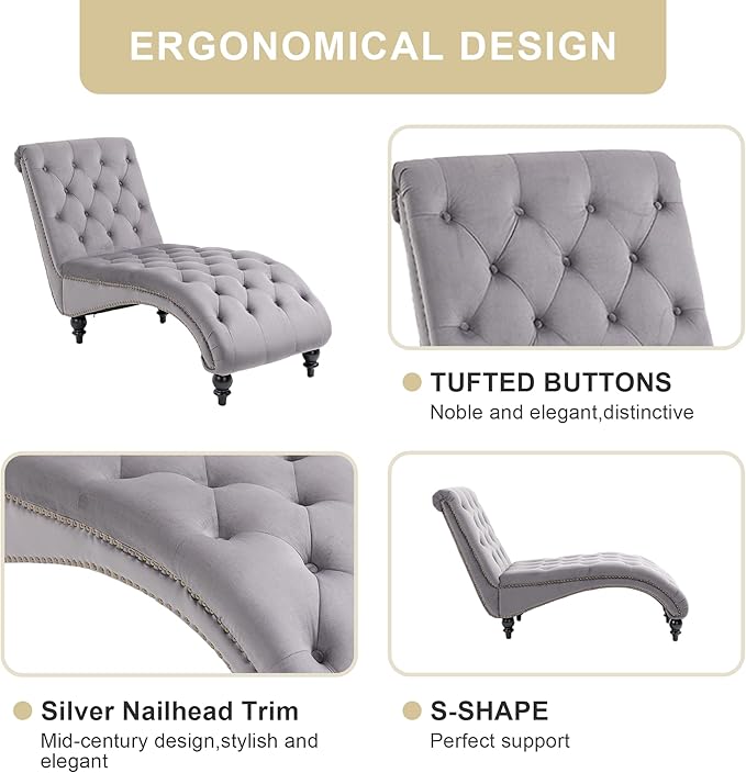 Chaise Lounge Indoor, Velvet Upholstered Lounge Chair Button-Tufted Armless - Image 4