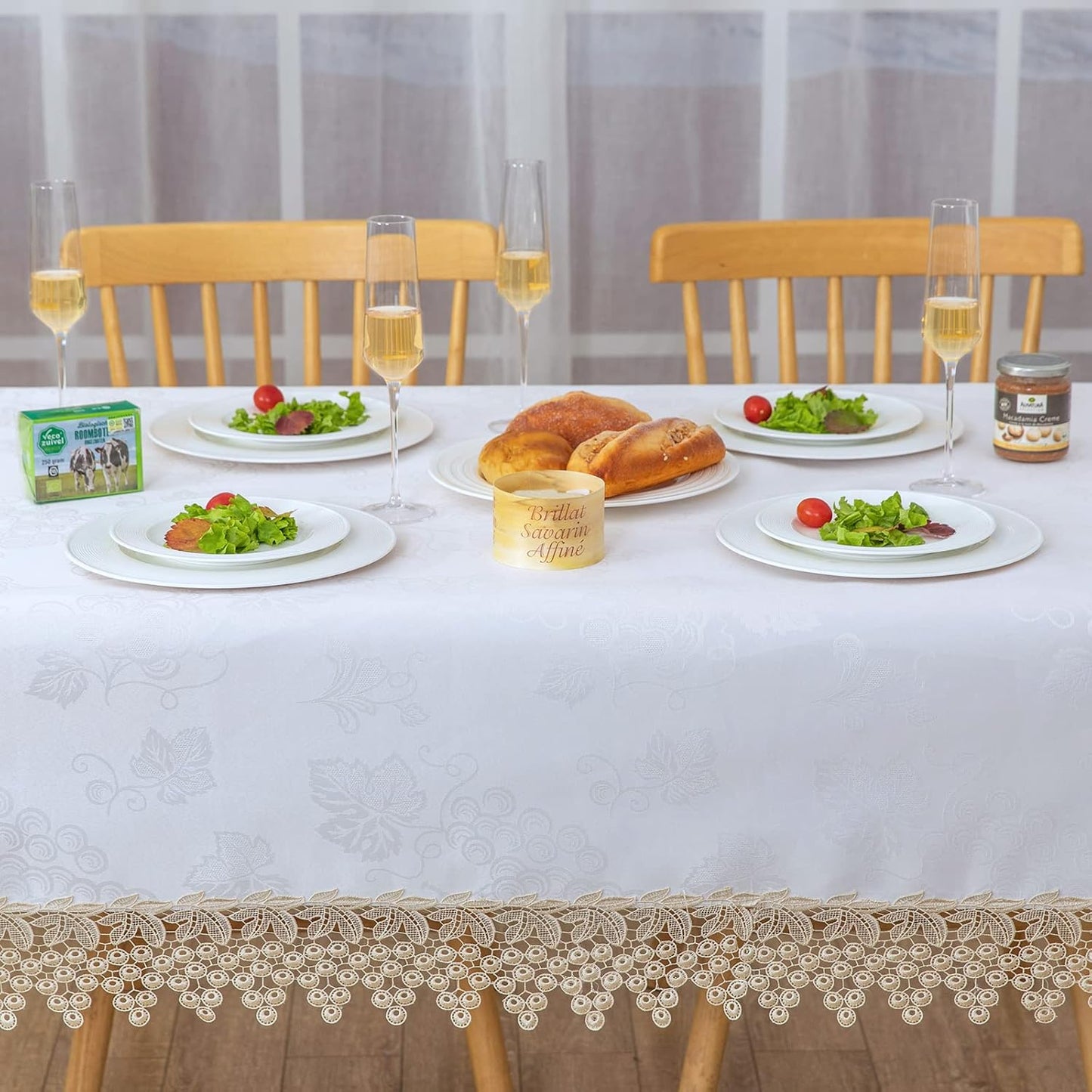 Beige lace Premium Rectangle Farmhouse Table Runner Waterproof OilProof SpillProof AntiShrink Soft Wrinkle Resistant Decorative Fabric Table Cover Kitchen Dinning Party Wedding Banquet