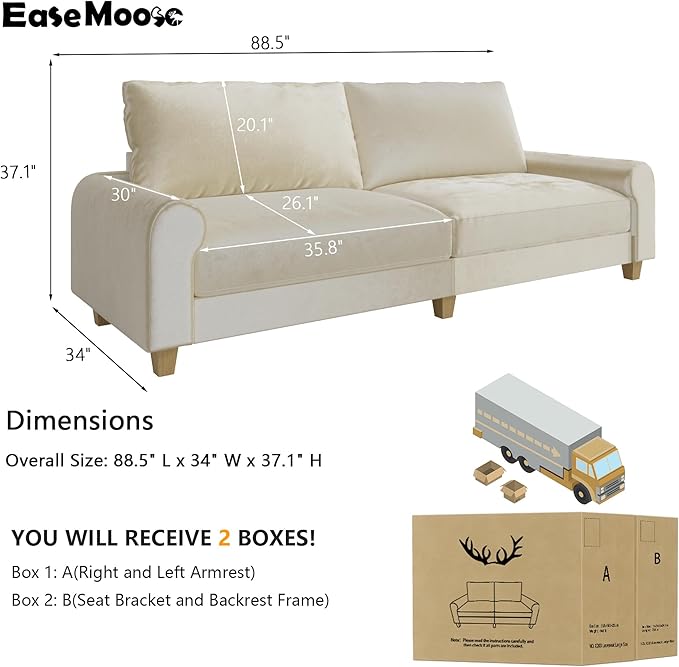 EASE MOOSE 88.5" Large Seat Velvet Loveseat Sofa, Soft Deep Seat Couches - Image 2