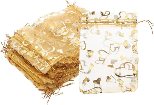 PATIKIL 50 Pcs 4x6 Inch Heart Printed Organza Bags, Gold Sheer Heart Organza Bags with Drawstring for Christmas Candy Jewelry Party Wedding Favor Gift
