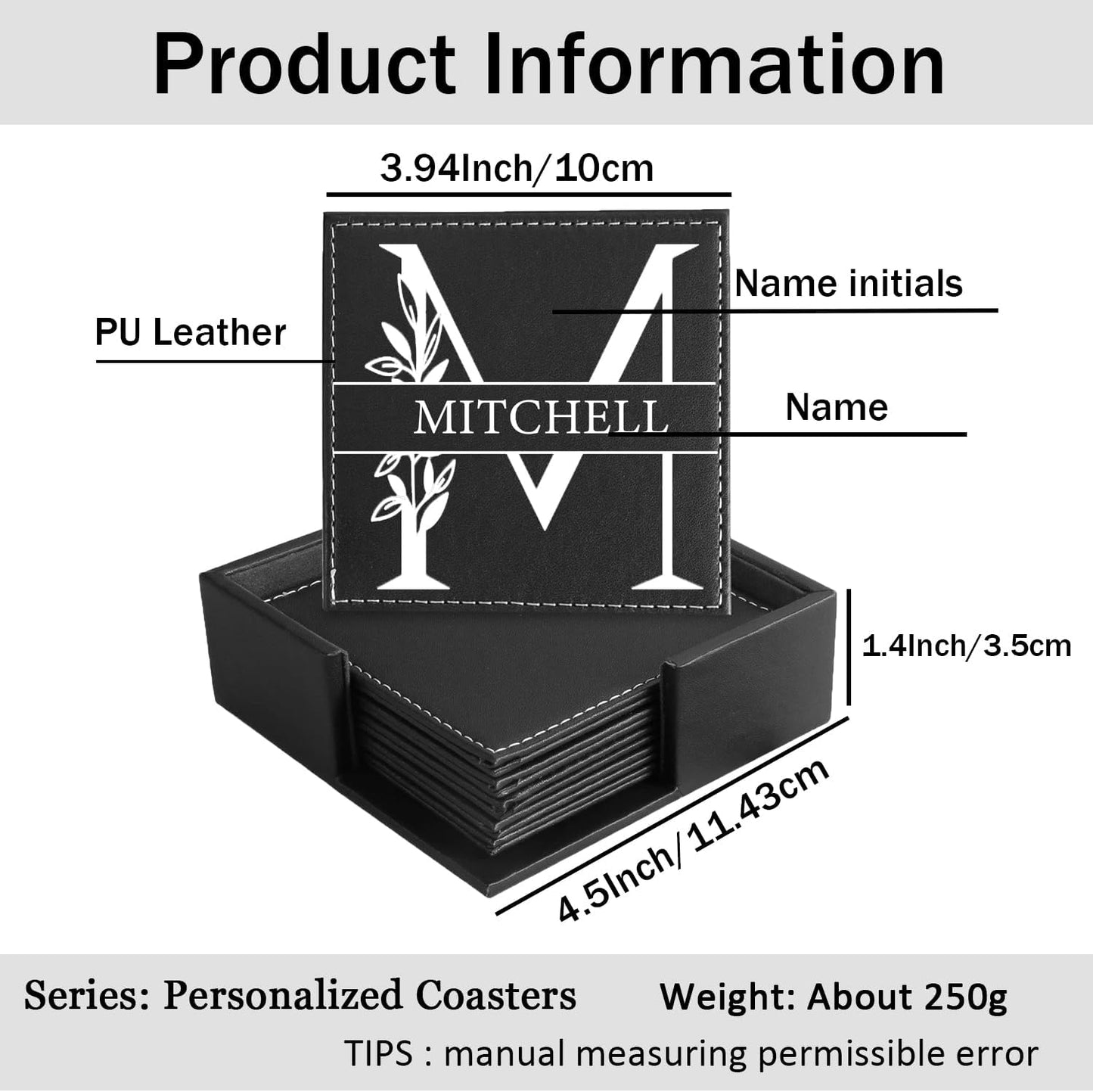 Custom Coasters Set of 6, Personalized Leather Coasters for Drinks with Holder, Customized Coasters Name, Photo, Logo for Coffee Table Bar Wine Cup Housewarming