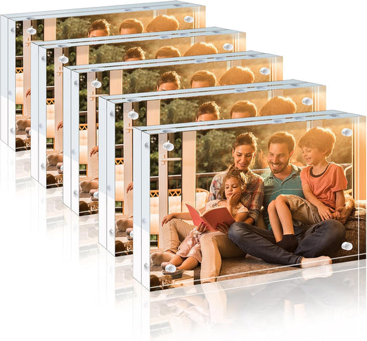Egofine 3.5x5 Acrylic Frames 5 Pack, 20mm Thicker Frameless Clear Picture Frames, Double Sided Magnetic Picture Frames, Free Standing Desktop Display