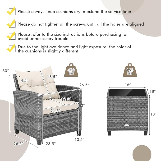 Tangkula 3 Pieces Patio Furniture Set, PE Rattan Wicker 3 Pcs Outdoor Sofa Set - Image 5