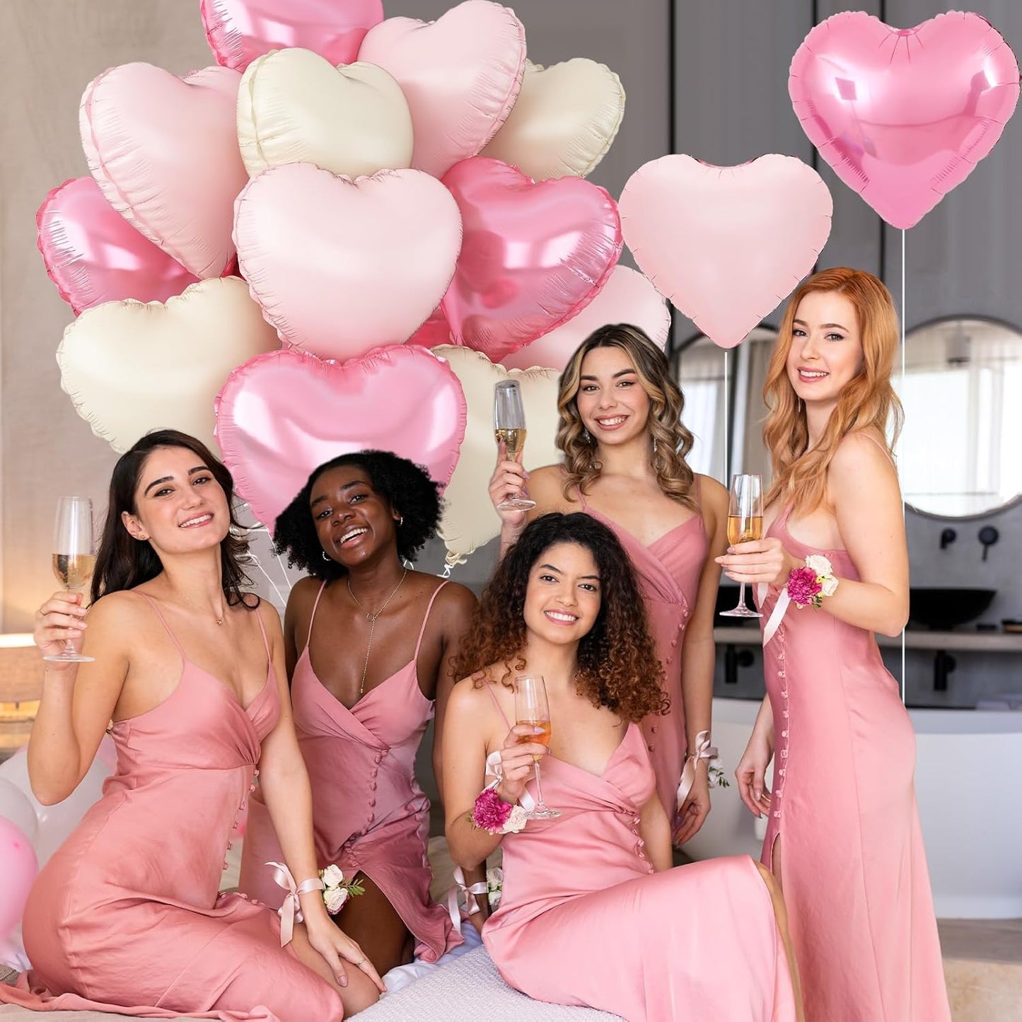 Pink White Heart Balloons,12Pcs Baby Pink Cream Heart Shaped Foil Balloons,18Inch Sand White Helium Balloon for Baby Shower Birthday Anniversary Wedding Party Decorations