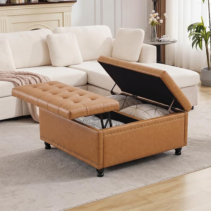 Tbfit Large Square Storage Ottoman Bench, Tufted Upholstered Coffee Table - Image 7