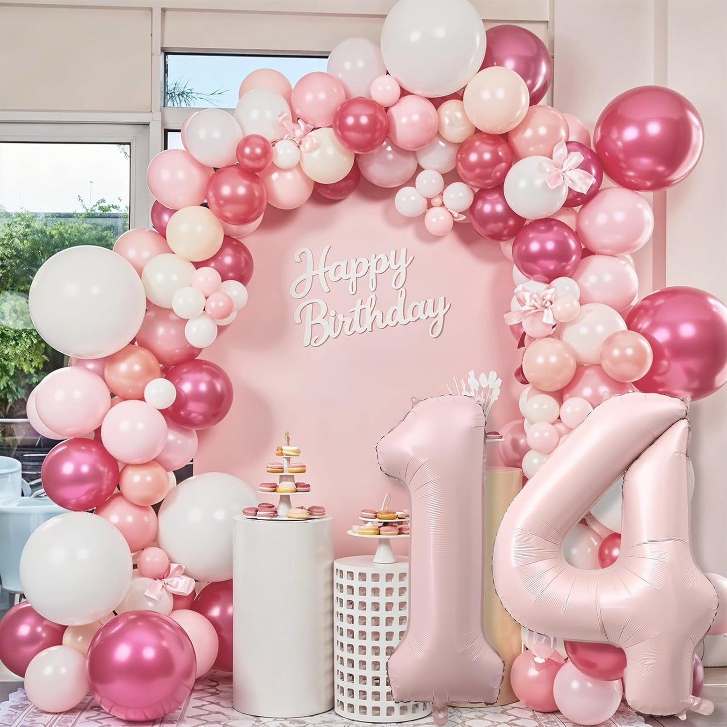 Light Pink 14th Birthday Balloon for Girls, 40'' Self Inflating Mylar Number 14 Balloons, Big Blush Pastel Pink Foil 1 & 4 Helium Balloon for Coquette 14th Birthday Party Decorations Anniversary