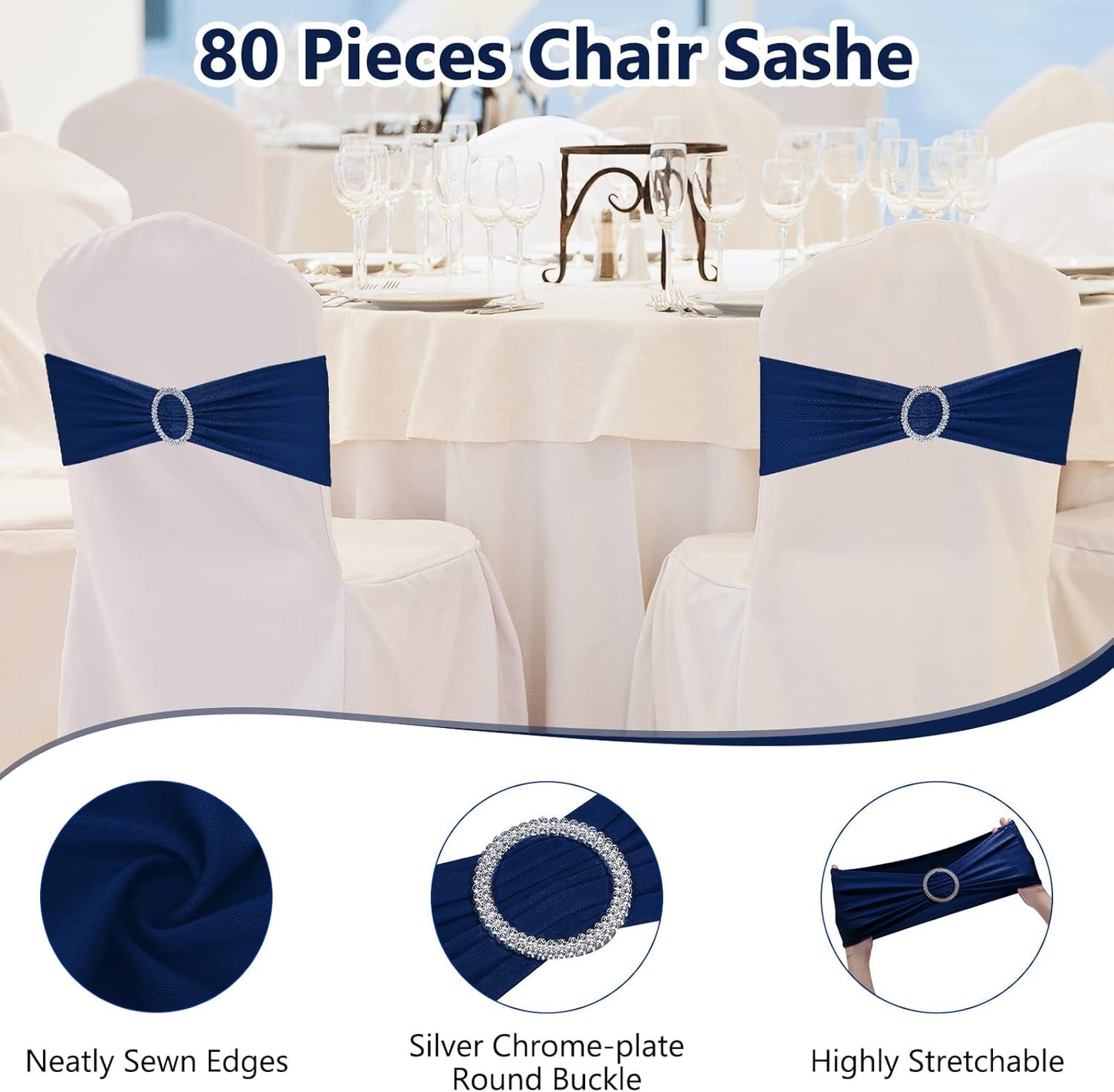 CHENGU 150 Pieces Spandex Stretch Chair Sashes Bows Elastic Chair Cover Bands Ties with Buckle Slider for Wedding Party Reception Events Universal Ceremony Banquet Decorations (Dark Blue)