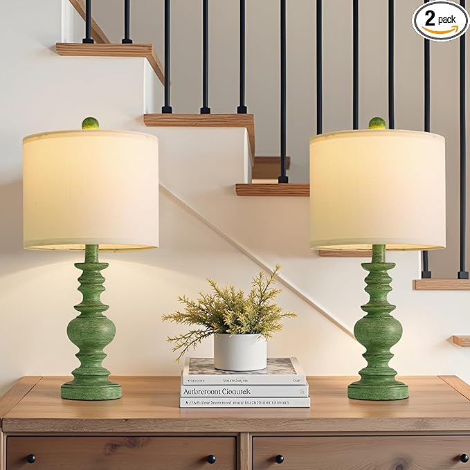 BOBOMOMO 20" Sage Green Table Lamps Set of 2 – Farmhouse Resin Bedside Lamps by BOBOMOMO