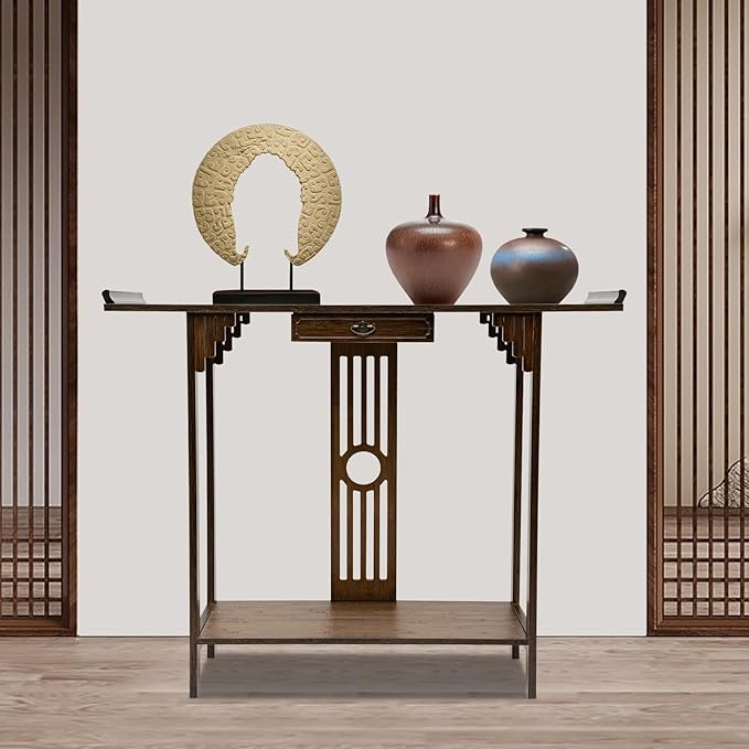Chinese Style Vintage Console Table, 40In 2 Tiers Bamboo Sofa Consoles Table - Image 2