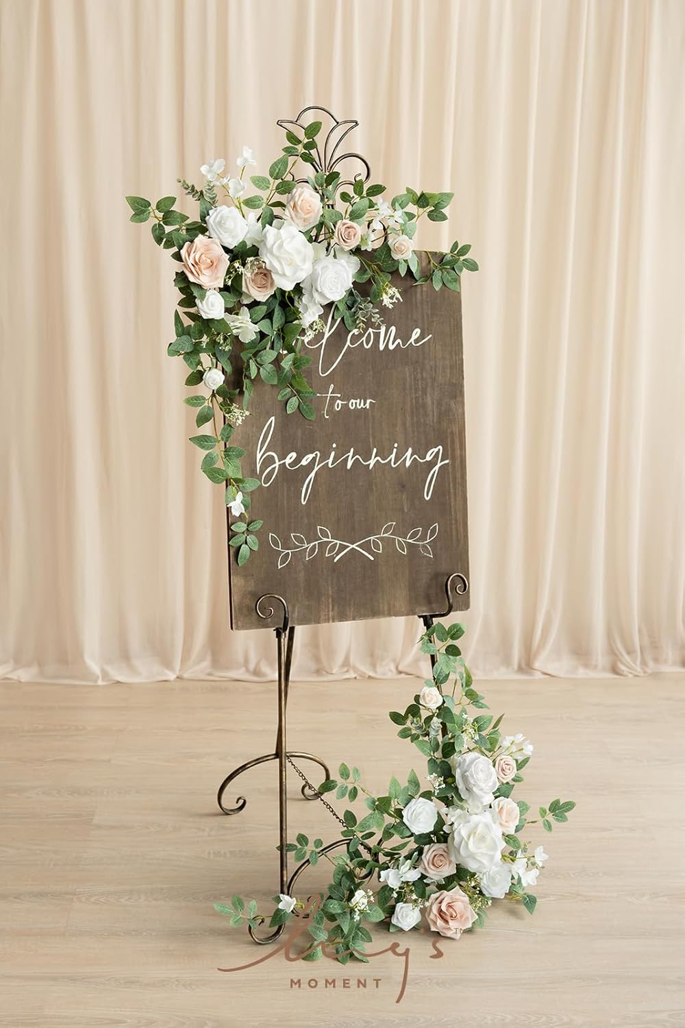 Ling's Moment 2pcs Wedding Flowers Garland Artificial Floral Swag Arch Decorations Rose Greenery Arrangements White & Sage Ceremony Reception Garden Easel Wall Entryway Outdoor board(NOT Include Sign)